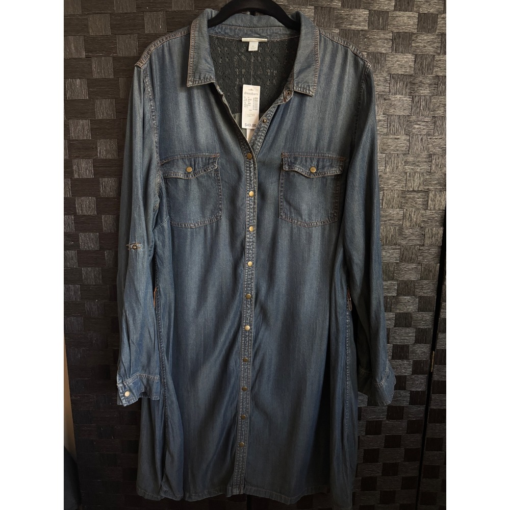 Westport 1962 Shirt Dress Womens XL Blue Denim Roll Tab Long Sleeve